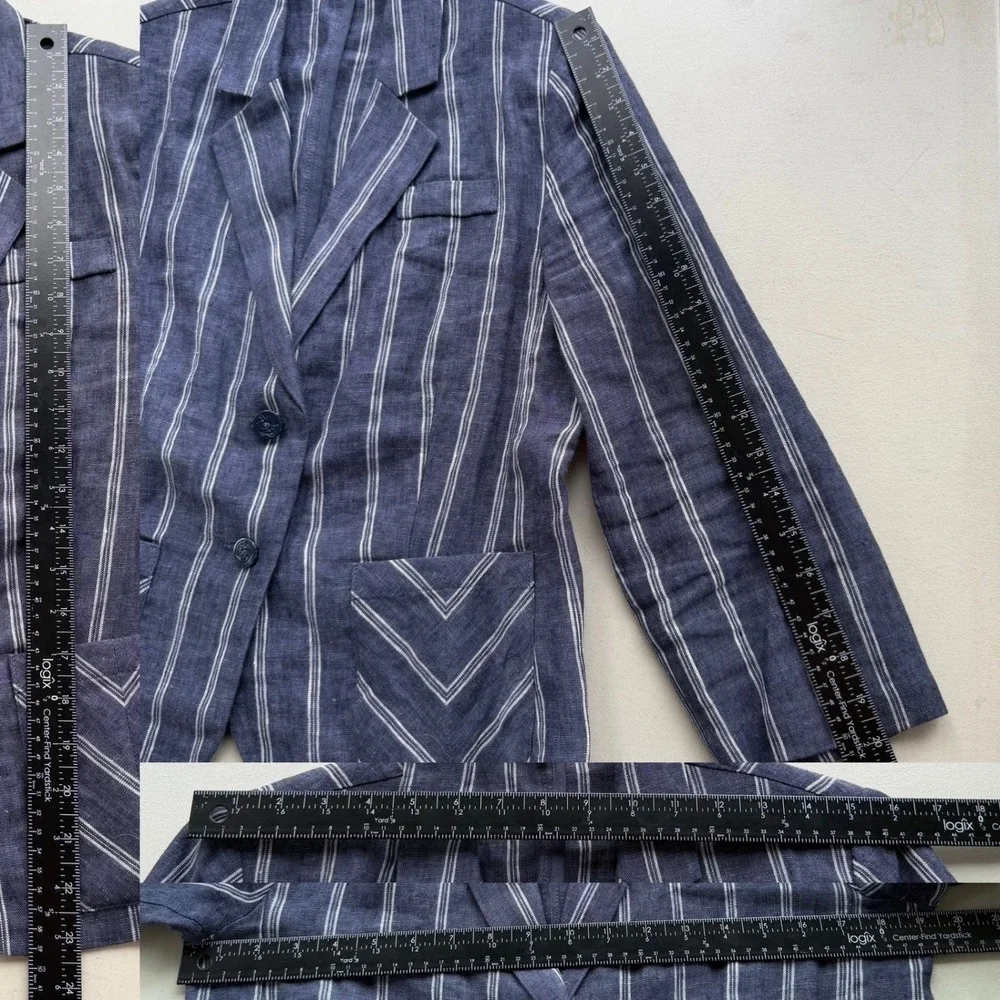 Cabi Women 8 Navy Blue White Stripe 100% Linen Anchor Button Blazer 871 Nautical